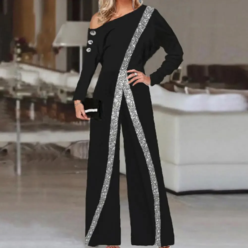 

Straight Wide Leg Striped Glitter Slash Neck Trendy Romper Streetwear Jumpsuit Women Monos Mujer