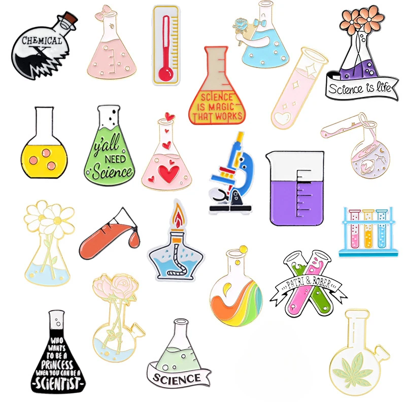 

Chemical Supplies Enamel Pins Custom Beaker Microscope Test Tube Alcohol Lamp Science Brooches Lapel Badges Laboratory Jewelry