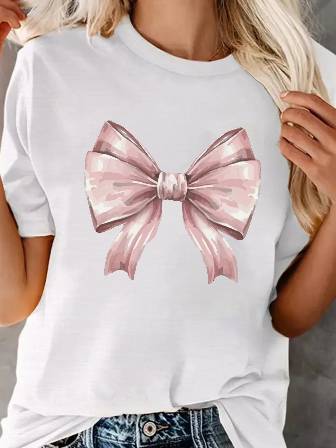 Bow Print Crew Neck T-shirt Casual Short Sleeve Top for Spring & Summer Women's Clothing