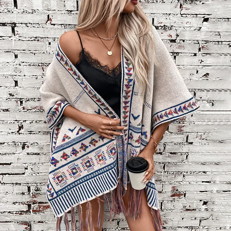 

Tassels Cloak Women Print Knit Loose Casual Sleeveless Capes V Neck Knitted Shawl Spliced Elegant Ladies Autumn Winter