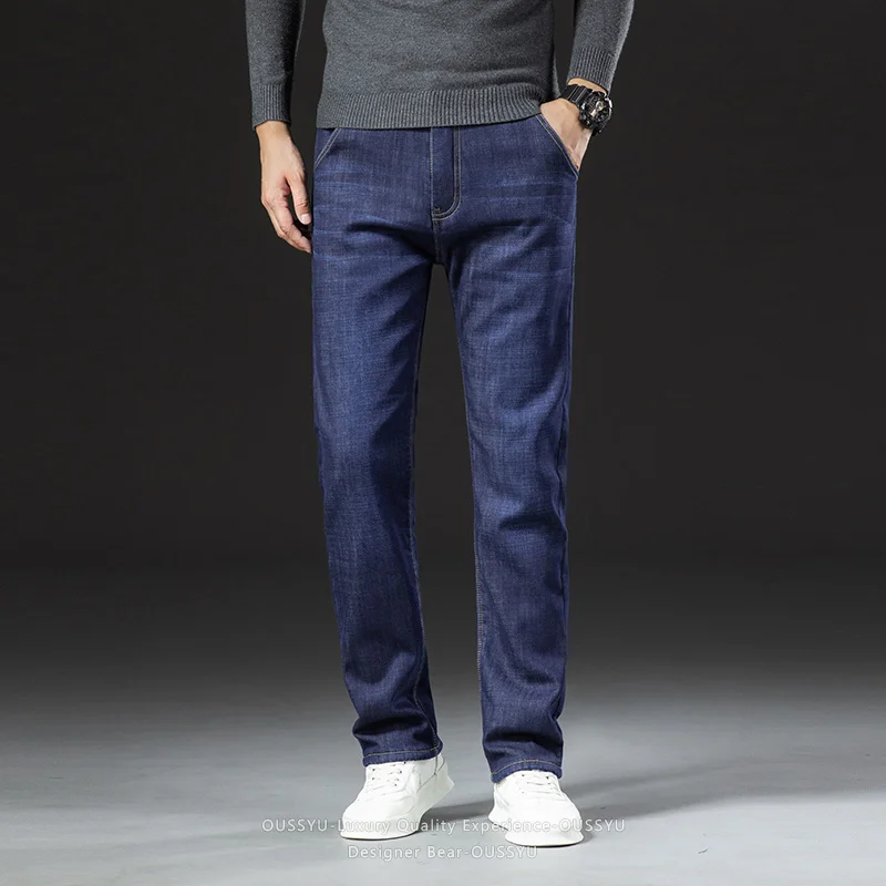 High Quality Winter Fleece Lined Thermal Men's Jeans Business Straight Outdoor Denim Pants Man Work Trousers Male Plus Size 40