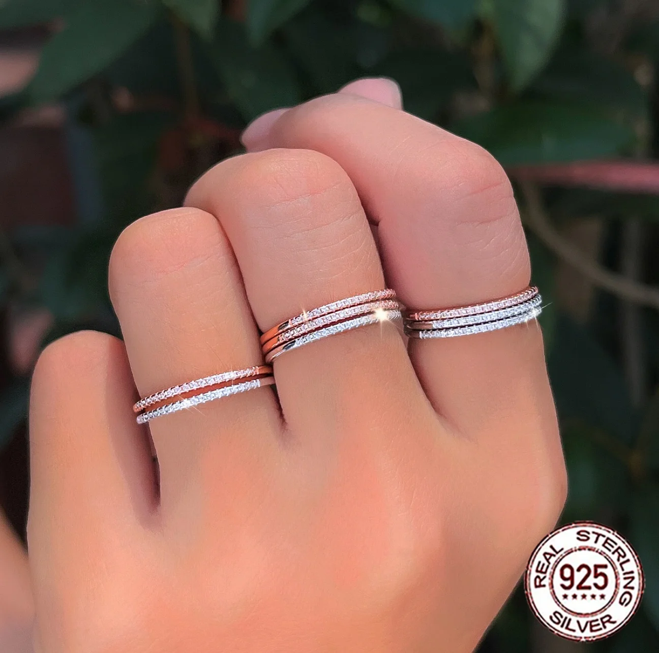 QooLady 925 Sterling Silver Mini Rose Gold Silver Color Zirconia Stacking Ring Minimalist Women Daily Wear Wedding Jewelry SR122