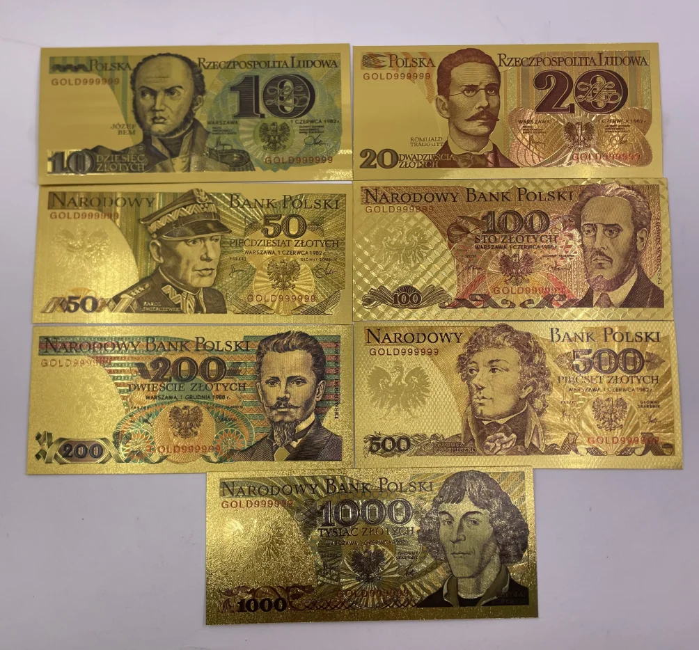 Poland 10 20 50 100 500 1000 Banknotes Colored Gold Foil Polish Banknote for Currency Crafts Colleciton and Gifts