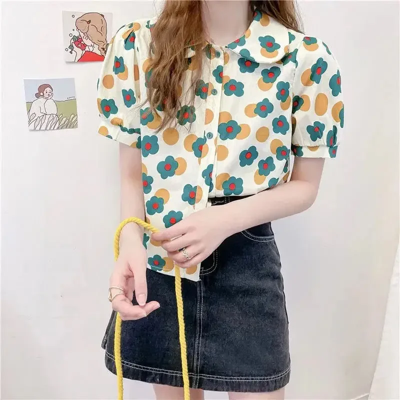 Women Summer Korean Casual Printing Chiffon Loose Polo-Neck Short Sleeve Blouse Women Clothes Sweet All-match Floral Top Tee