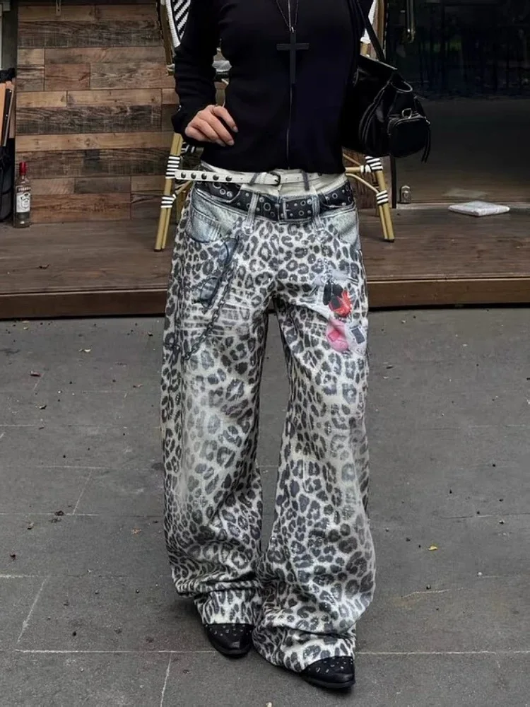 Y2K Pantalones con estampado de leopardo Pantalones vaqueros retro americanos unisex Ropa de calle de pierna ancha con doble cintura