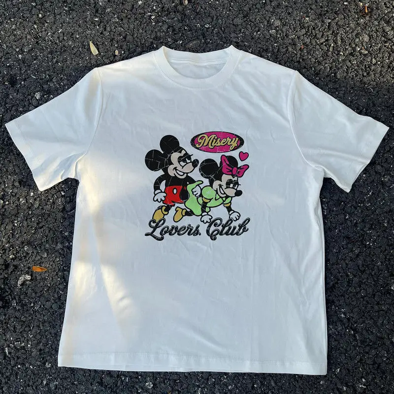 

Универсальная футболка из чистого хлопка с забавным принтом Микки Мауса, свободный топ американского модного бренда с короткими рукавами