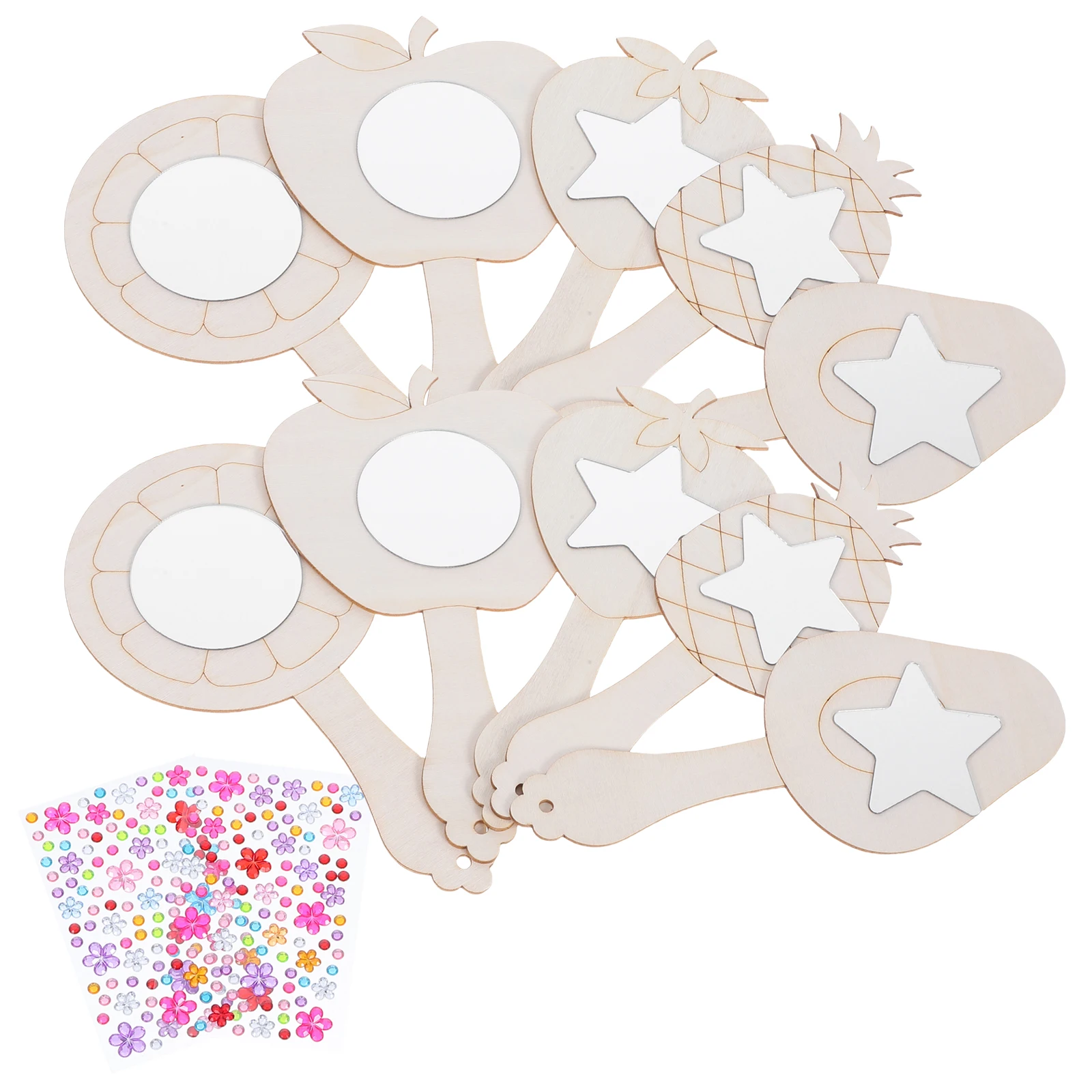 

10 Sets Wooden Handheld Mirror Handmade Paintings Vintage Craft Kits for Parties Glass Diy Mini