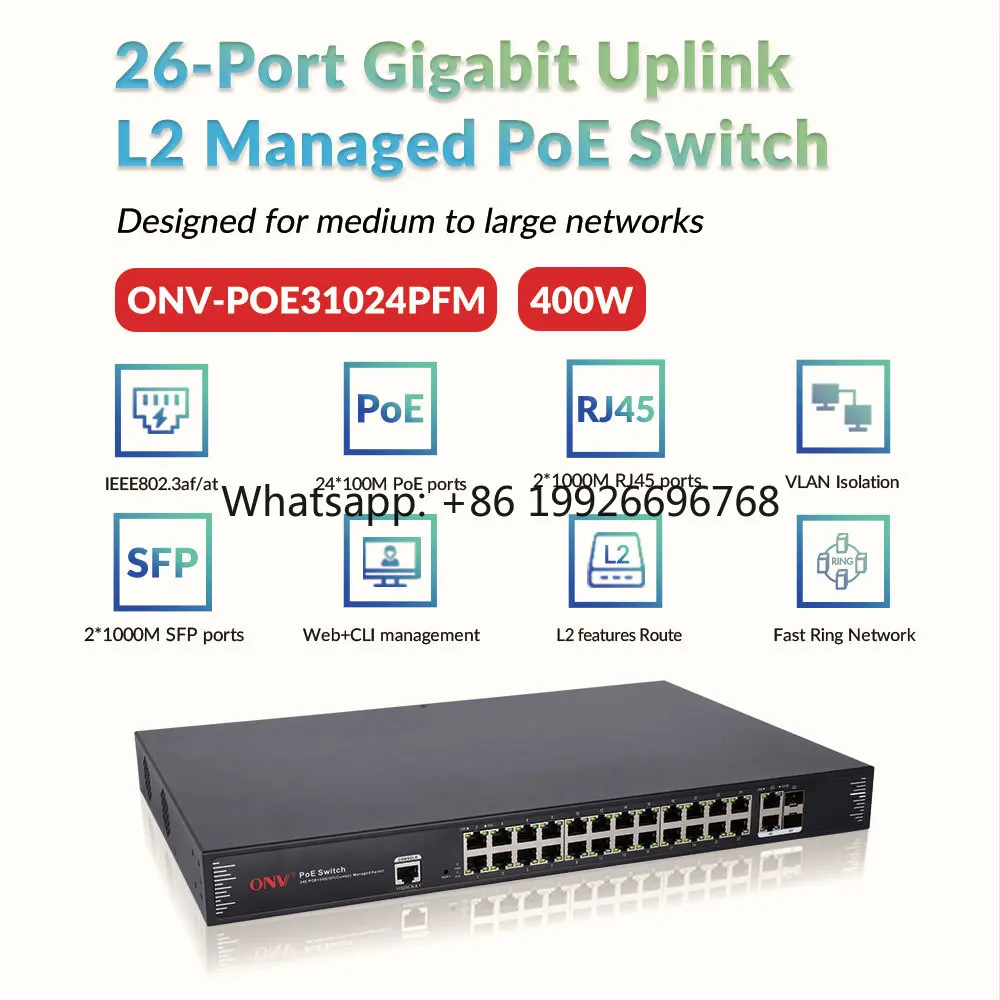 24 Port Managed Gigabit POE Switch L2 with Ethernet SNMP QoS Stackable 64Gbps Capacity -POE31024PFM-at