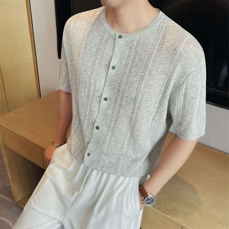 Summer Lyocell Linen Stand Up Collar T-shirt Men's Hollow Knitted Cardigan Fashion Short Sleeved Casual Relaxed Cardigan Jacket
