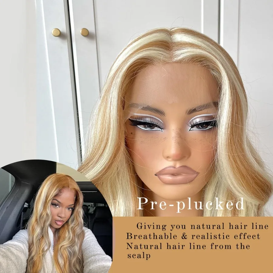 Blonde Highlights Lace-Front-Perücke für den täglichen Gebrauch, vorgezupftes, leimloses Design, 613, Highlight-Farbe, ReadytoWear, HD-Qualität, Natura
