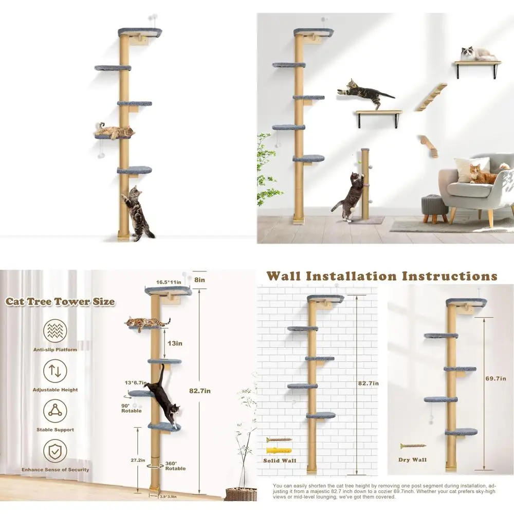 

83-сантиметровая серая плюшевая настенная лазалка для кошек с деревом для лазания, стойкой для когтеточков и игровой зоной