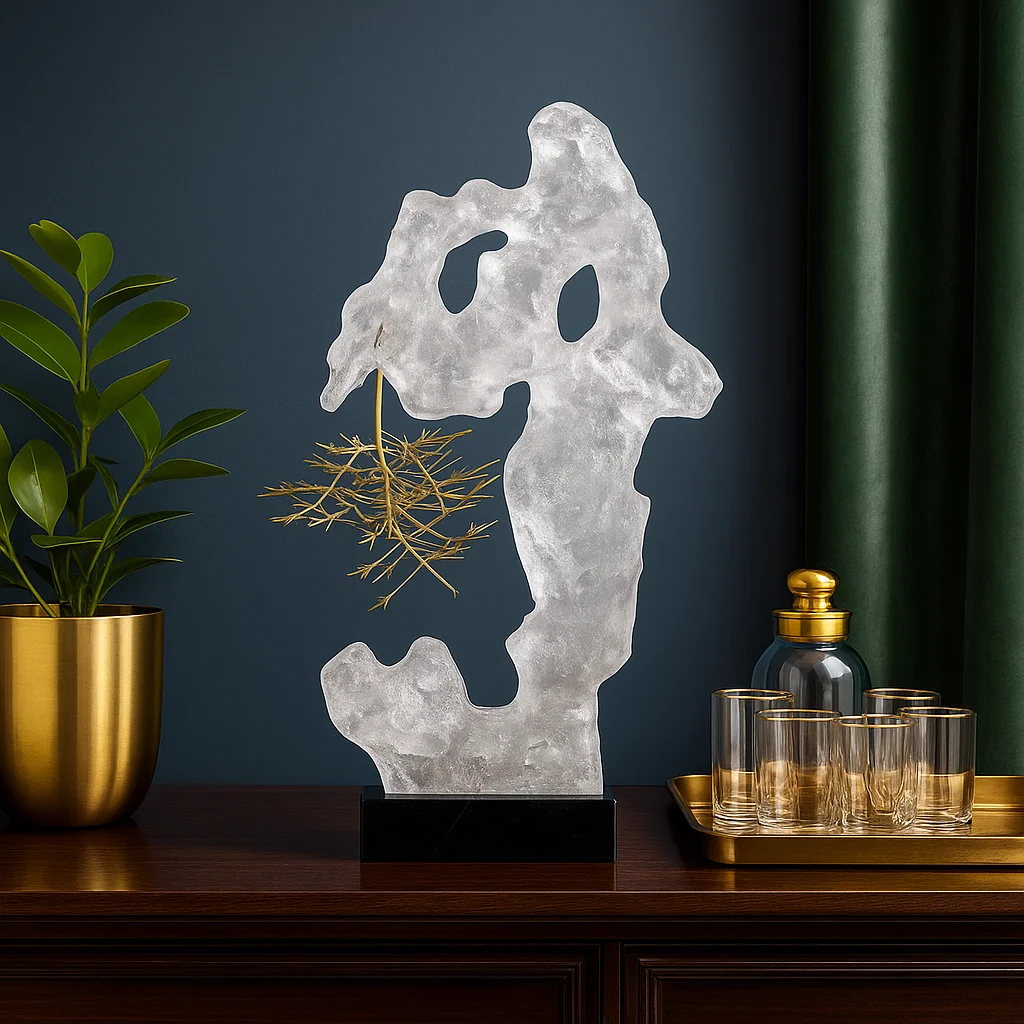 *#Q Je Luxury Transparent Resin Sculpture with Golden Branches, Chinese Style Home Decor, Handmade Tabletop Art&