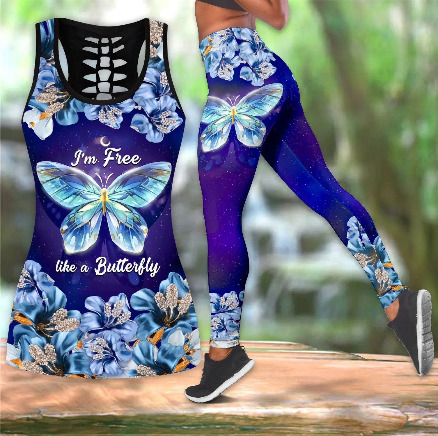 PLstar Cosmos Butterfly 3D-gedrucktes hohles Tanktop und Leggings-Set für Damen in voller Länge, Fitness, Yoga, Laufhose KBX04