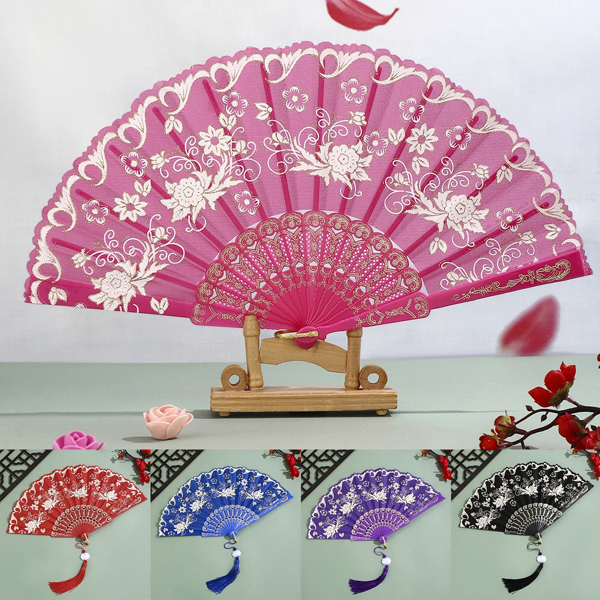 1Pc Vintage Folding Fan Chinese Style Dance Performance Hand Fans Gold Powder Plastic Fan Art Craft Gift Home Decor Hot Sale
