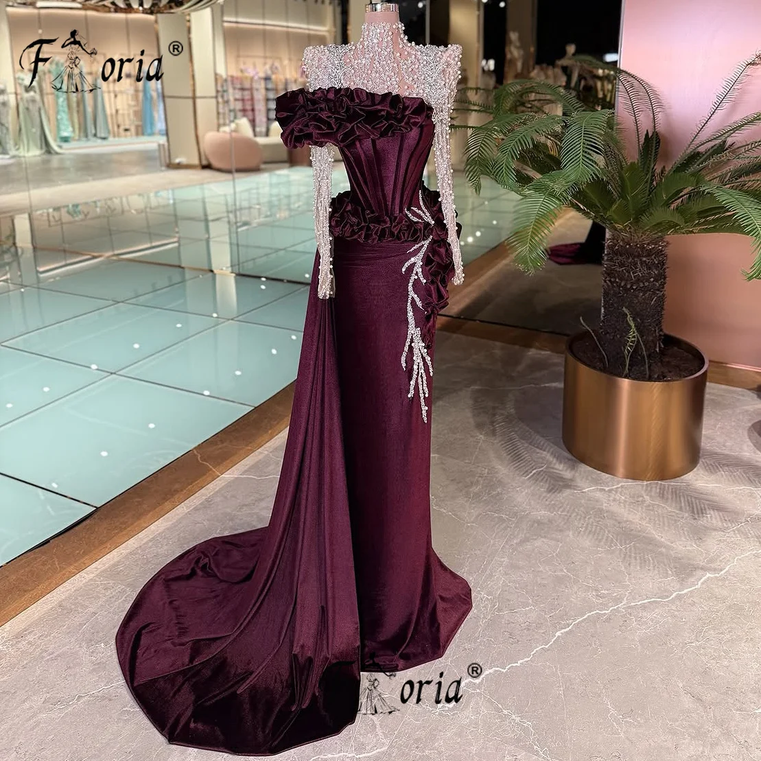 Elegante vestido de fiesta color borgoña, vestidos de noche formales con volantes y perlas, vestidos de cóctel de cola larga personalizados, vestidos largos de fiesta elegantes