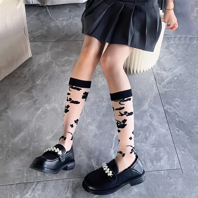 Sexy Women Stocking Lolita Uniform Thin Long Socks Fashion Flower Transparent Nylon Crystal Silk Knee Sock Stockings Underwear