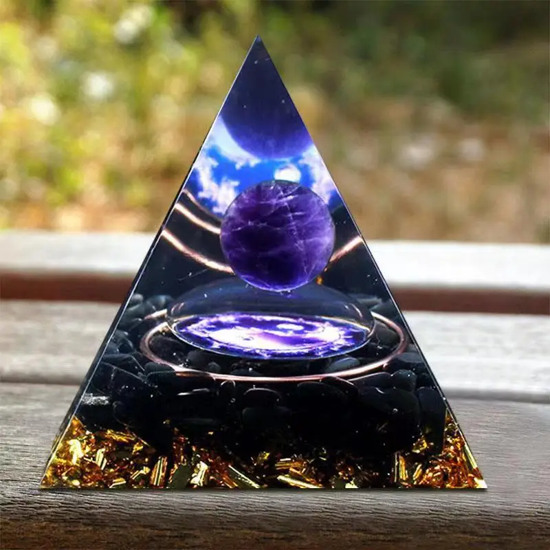 5cm Natural Crystal Energy Ball Pyramid Peridot Crystal Stone Drop Glue Healing Chakra Resin Home Desktop Hand Decoration