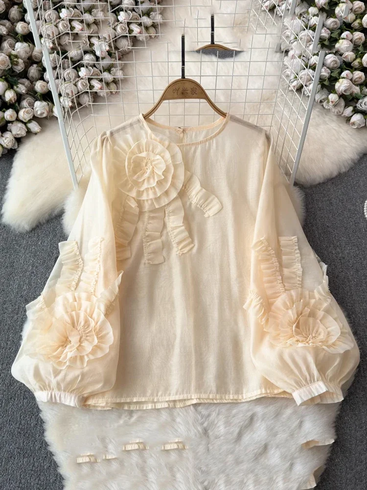 

Women Fungus Three-dimensional Disc Flower Blouse O-Neck Lantern Sleeve Loose Temperament Shirts Spring Summer 2024 SM10939