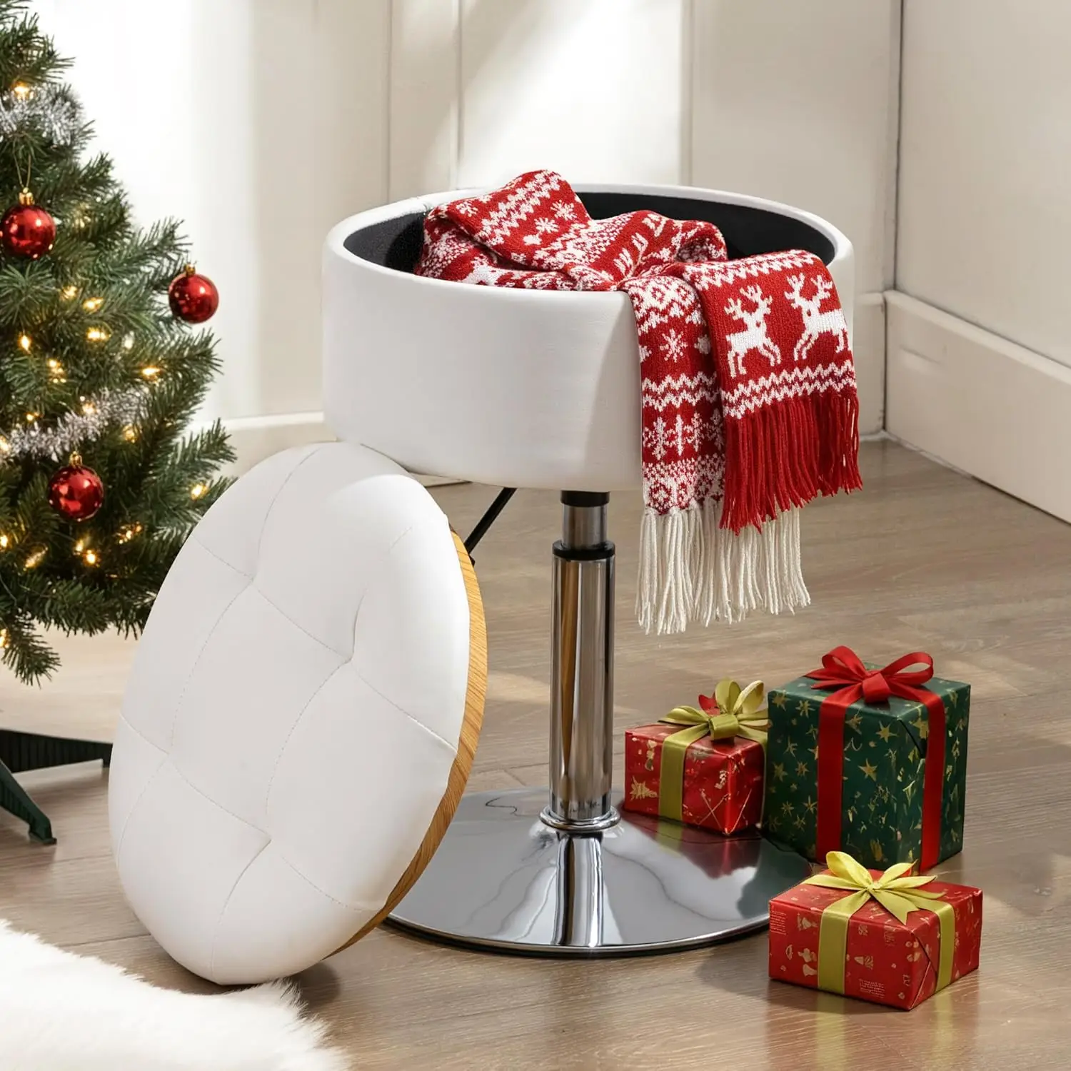 Adjustable Swivel Vanity Stool with Storage, White Faux Leather for Bathroom and Living Room