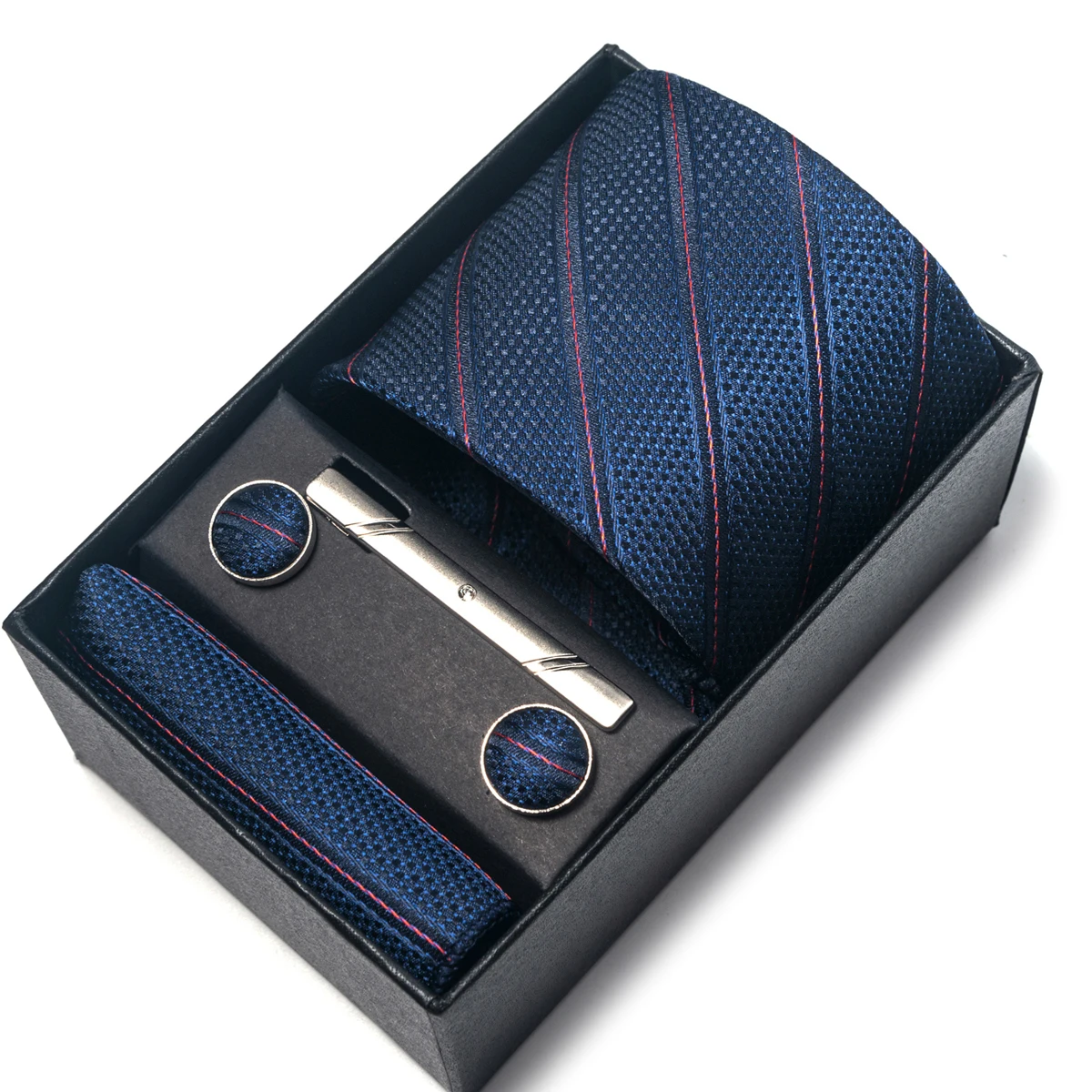 Corbata de seda de marca al por mayor, conjunto de gemelos cuadrados de bolsillo, caja de corbata de color rojo oscuro, accesorios de boda de punto,