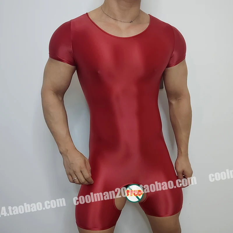 Mens Glossy See Through Open Crotch Satin Sexy Bodycon Playsuit Romper Short Sleeve Onesies Suit Outfit Jumpsuit