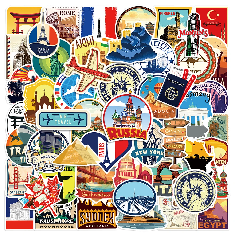 10/30/50 قطعة العالم الشهير مدينة معلم ملصقات السفر المباني مشهد الكرتون ملصقات للأمتعة الهاتف حقيبة طفل ملصق