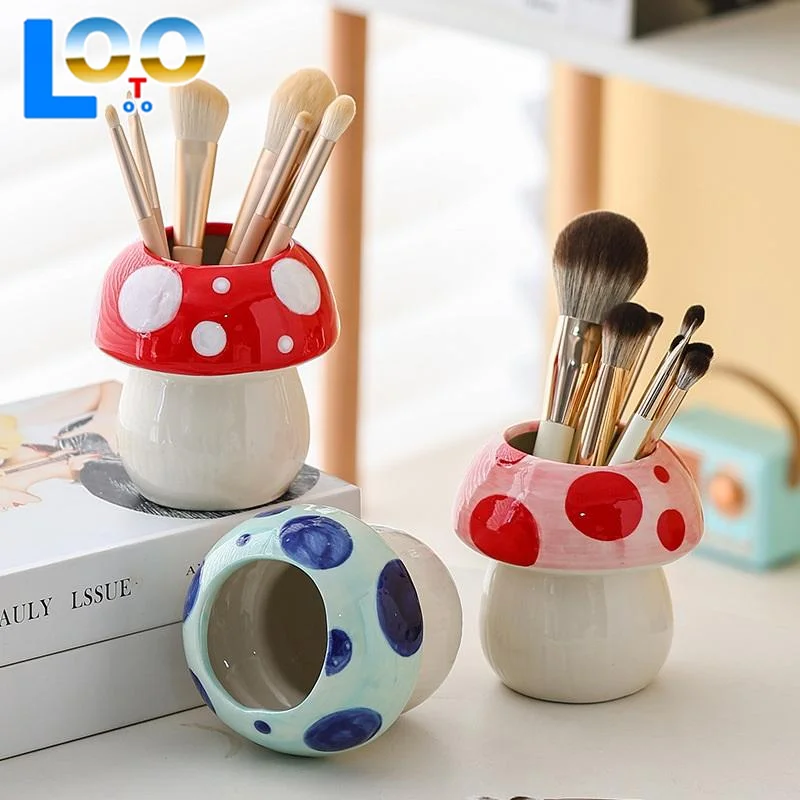 Seri Wadah Pena Keramik Bentuk Jamur yang Lucu, Cocok untuk Wadah Kuas Rias, Perlengkapan Kantor, Dekorasi Meja Kerja yang Kreatif