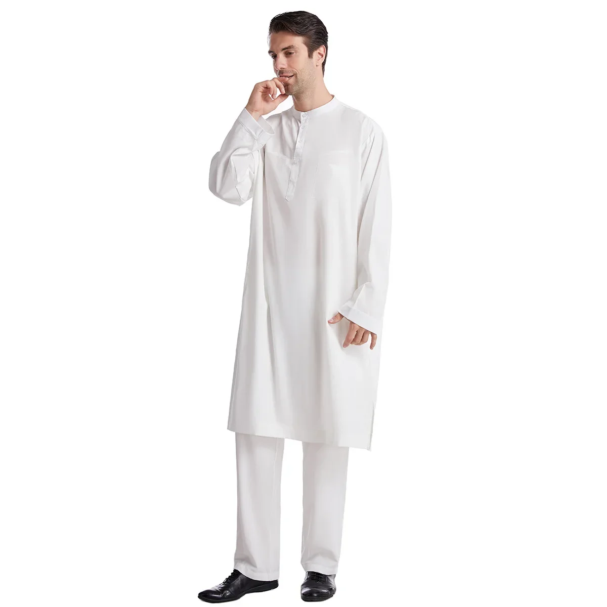 Muslim Men Jubba Thobe 2 Pice Set Top with Pant Mens Abaya Long Islamic Eid 2026 Ramadan Long Robe Saudi Wear Caftan Dubai Arab