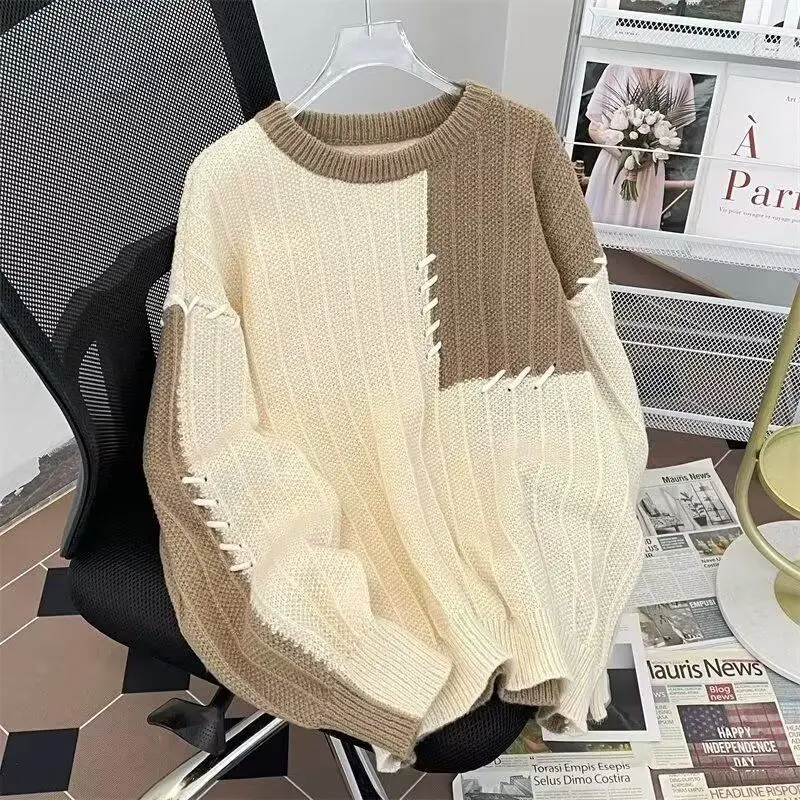 

Color Blo Contrast Loose Casual Knitted Sweater for Men Autumn Winter Trendy Brand Design Sense Overhead Korean Lazy Sle