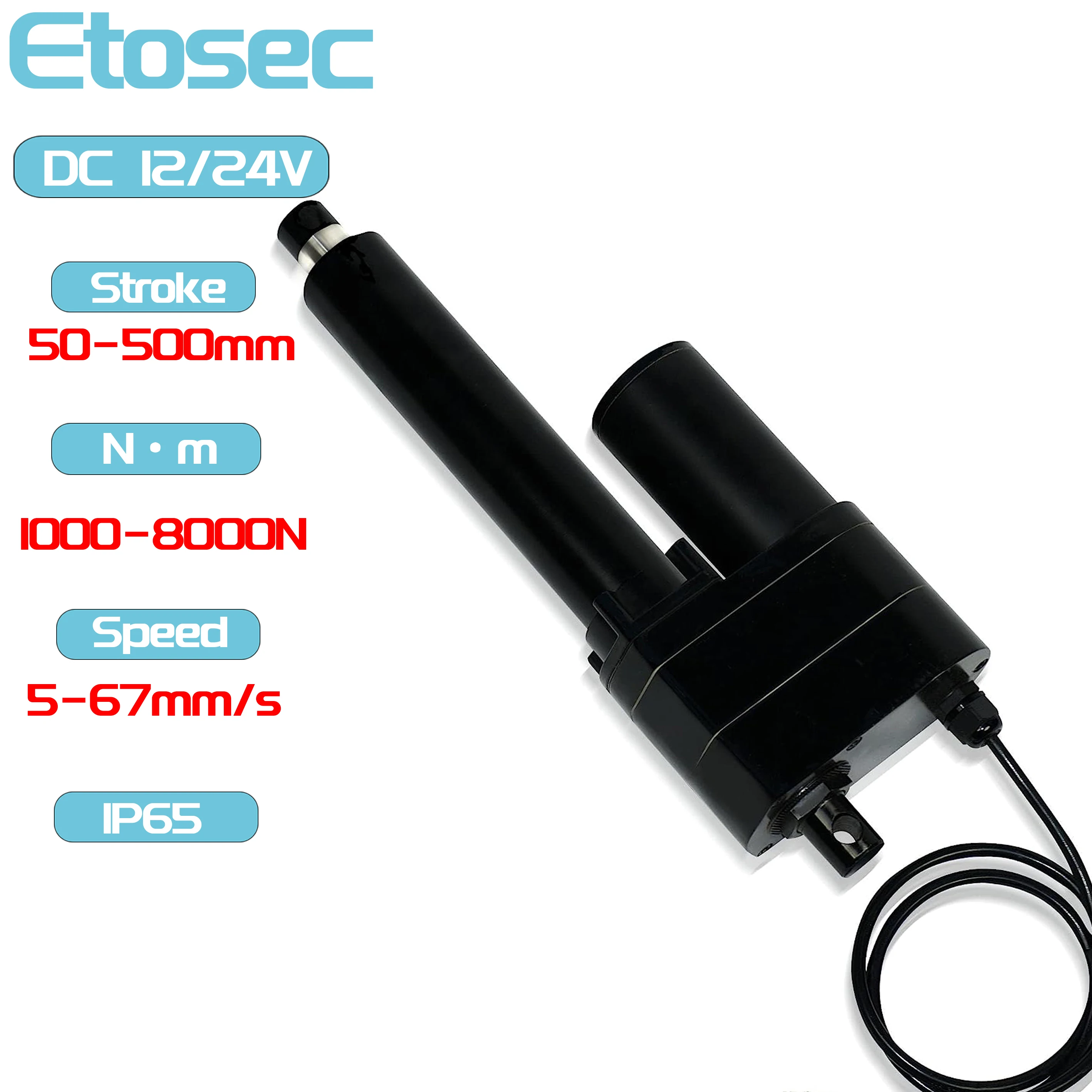 Etosec 8000N 12V 24V Linear Actuator IP65 50mm 100mm 150mm 300mm 400mm 500mm Stroke Solar Tracker Motorisation of Door 67mm/s