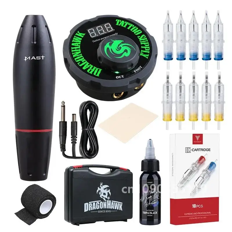 Professionele Mast Tattoo Set Rotary Pen Machine Kit met Dragonhawk LCD Power Pedaal Cartridge Tattoo Supplies