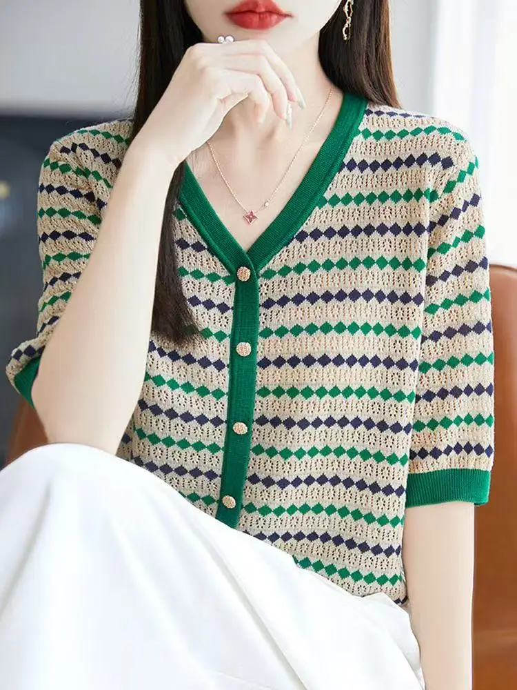 Outlet V-ne Stripe ort Sve Women's Summer Ice Silk Knitted Top Casual Loose Fit Bright Tead Soft Polyester Fiber