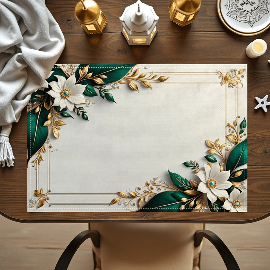 

2/4/6 шт. Классические кружевные льняные салфетки | Нежный узор листьев и обтекателей | 45x30см | Зеленый/Золотой/Белый Мягкий тон