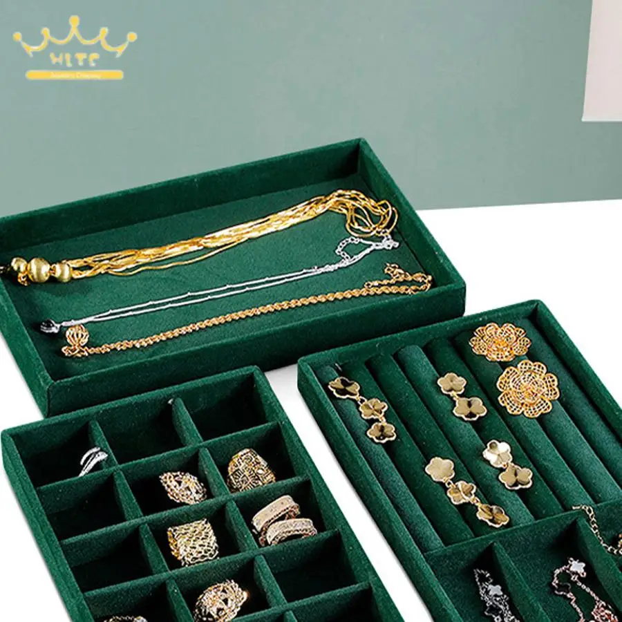 Green Flocked Earring Ring Storage Case Mini Crafts Collection Tray Brooch Cufflinks Holder 21*12.5Cm Desktop Ornament