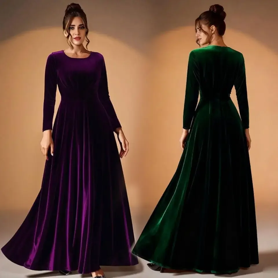 

2025 Spring Summer Velvet Long Sleeve Midi Dress For Women Long Dress Elegant Party Clothes Evening Green Outfits