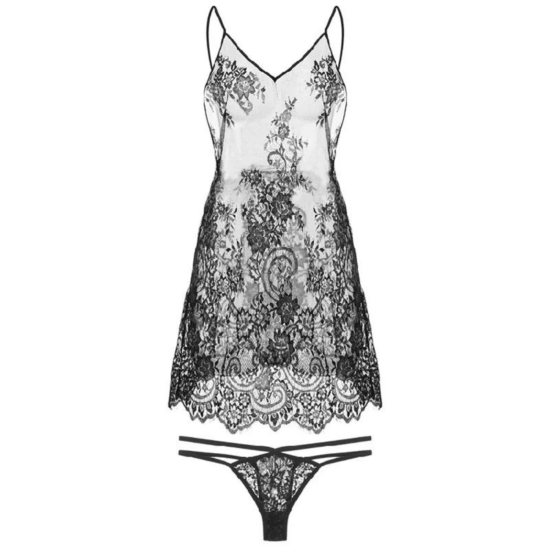

Thin Deep V Open Back Nightdress Transparent Strap Lace Eyelash Nightgown Temptation Sleepwear Sexy V-Neck Pajamas Suit