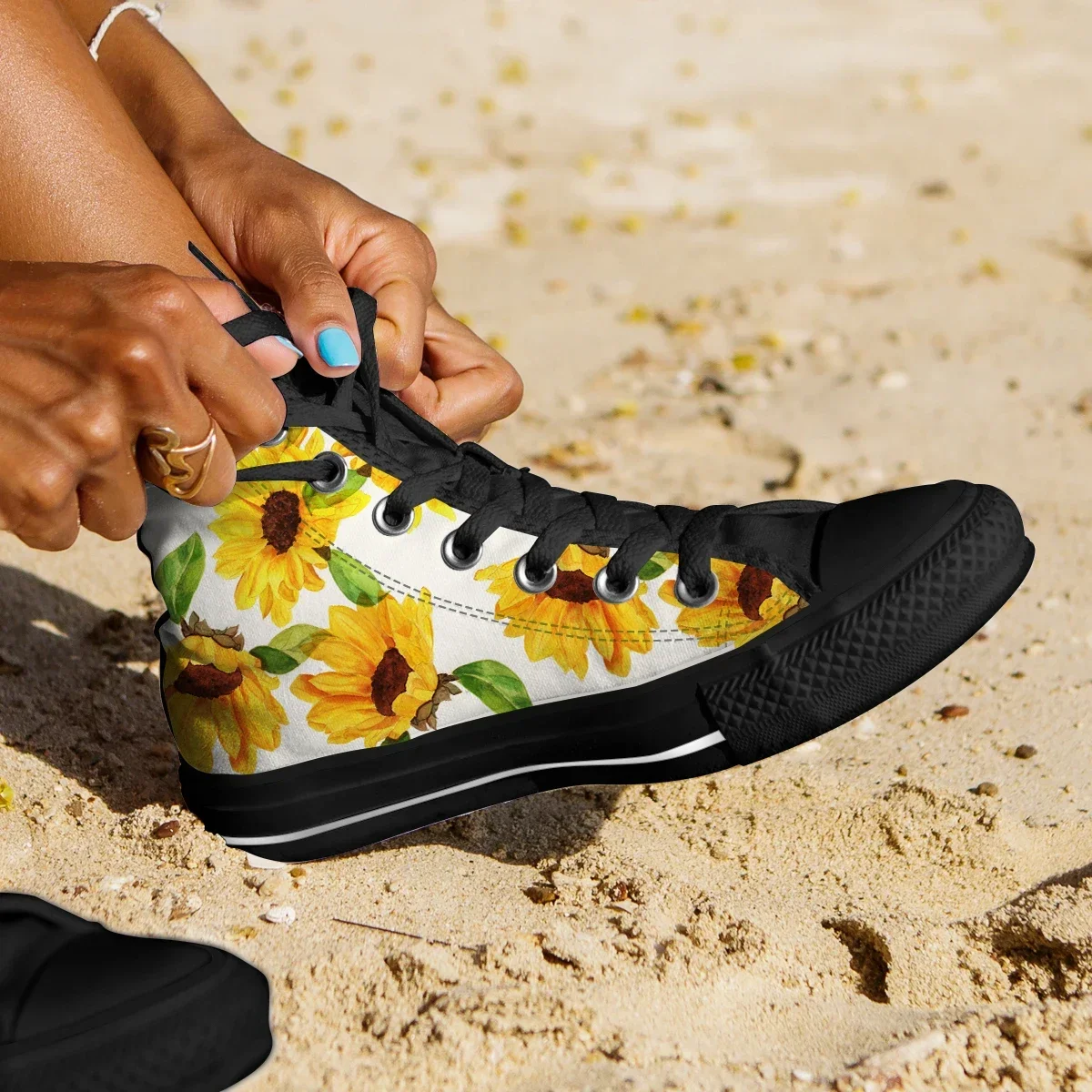 Ladies High Top Canvas Shoes Breathable Walking Vulcanized Sneakers Print Beautiful Sunflower Student Shoes