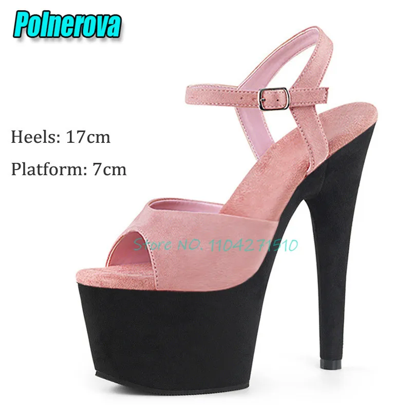 Suede 17CM Super High Heels for Women Chunky Platform Mixed Colors Open Toe Ankle Buckle Sandals Party Pole Dance Runway Shoes