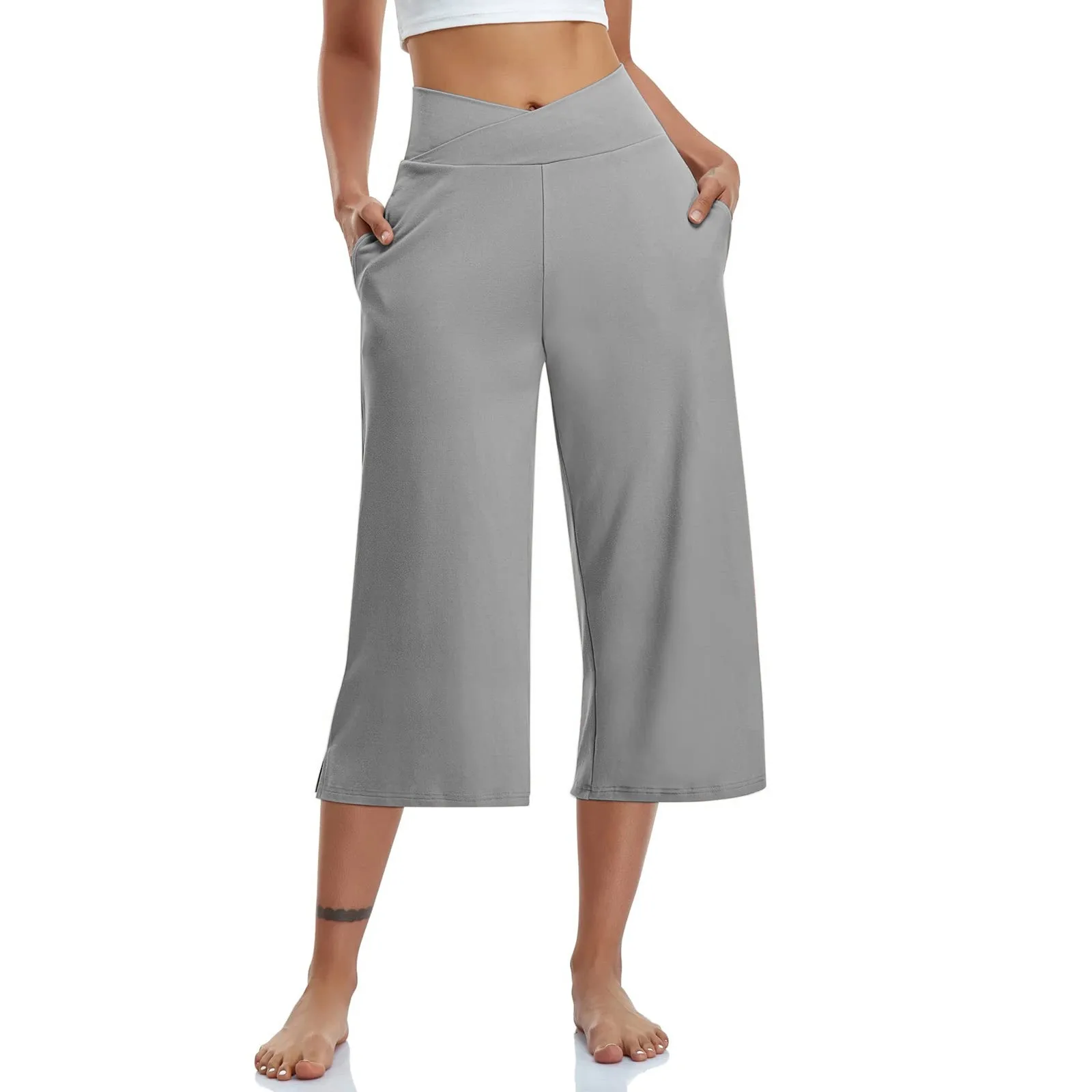 Summer Sports Pants Women\'S Elastic High Waisted Casual Pants 3/4 Long Pants Solid Color Slim Fit Capris Yoga Pants Jogging Pant