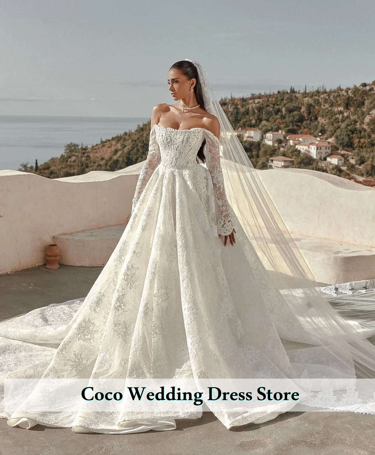 

Customized Elegant Lace A Line Wedding Dress Off Shoulder Long Sleeves Bride Dress Bridal Gown vestidos de novia