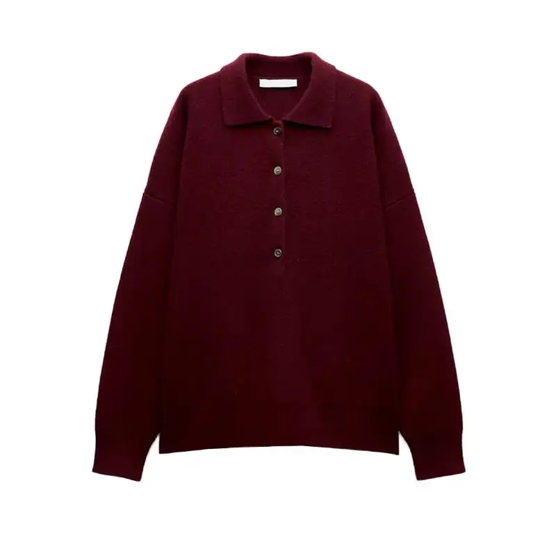 قميص بولو نسائي جديد للخريف والشتاء بأكمام طويلة من مزيج الصوف، تصميم فضفاض بأسلوب الشارع، قطعة علوية محبوكة من ألياف البوليس...