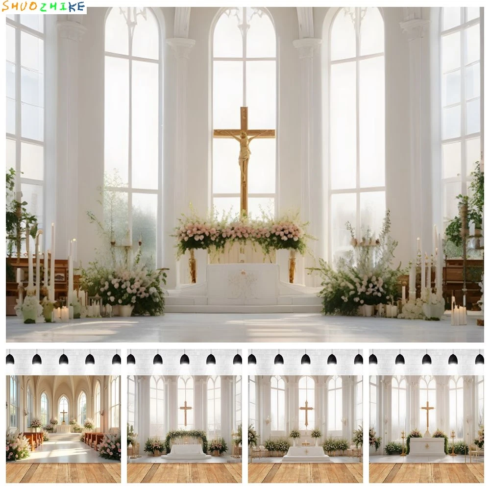 

White Church Backdrop Jesus Cross Window Flower Kid Christening Wedding Party Photography Background Photostudio Photobooth Prop