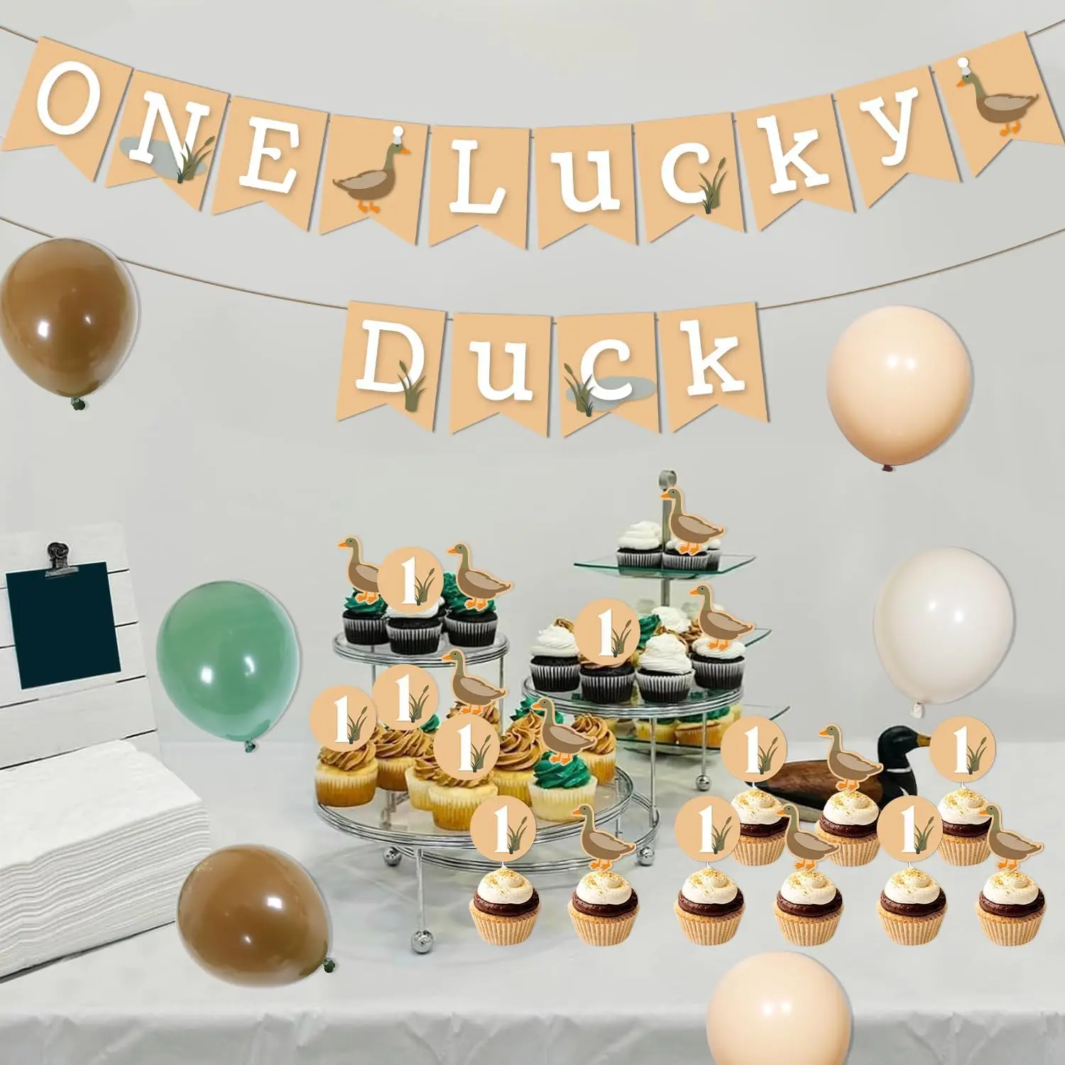 Joymemo 43Pcs Mallard Duck 1st Birthday Green Brown Latex Banner, Cake Cupcake Toppers  Balloons Party Decor Supplies