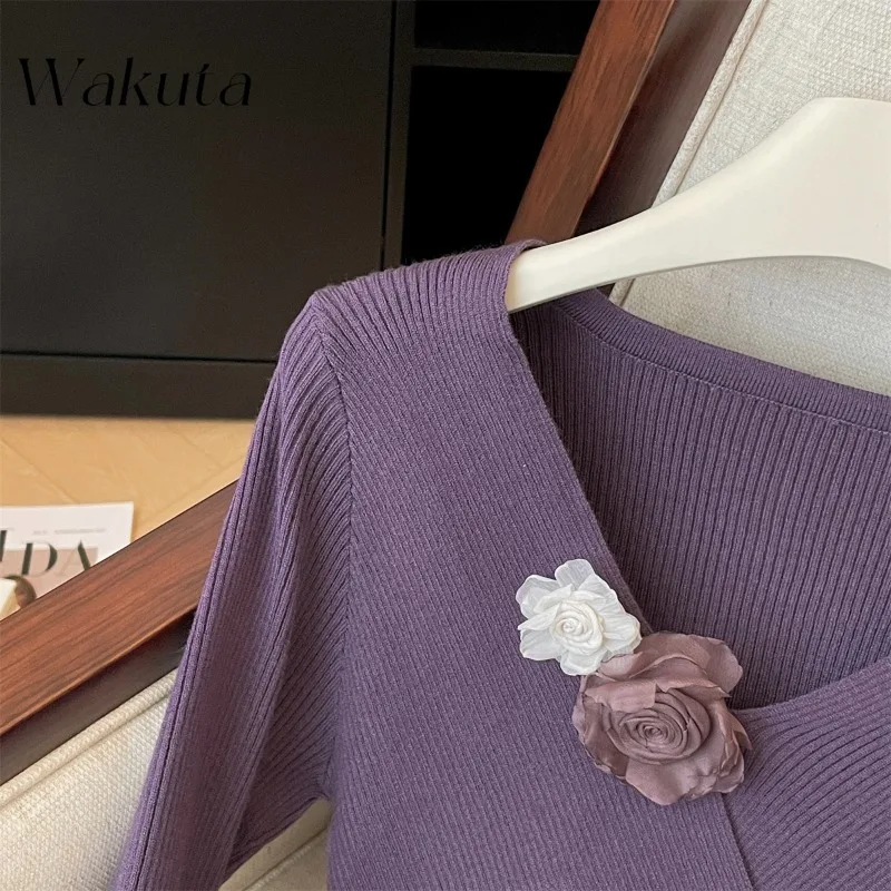 WAKUTA French Autumn Winter Long Sleeve Coat Three-dimensional Flowers Knitted Blouse Women's Irregular Matching Bottoming Shirt