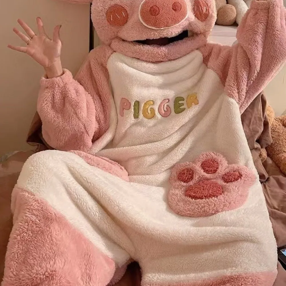 Cozy Warm Pumpkin Integrated Pajamas Soft Pig Cartoon Animal Sleepwear Thickened Lined Fluffy Cosplay Costume Home Wear