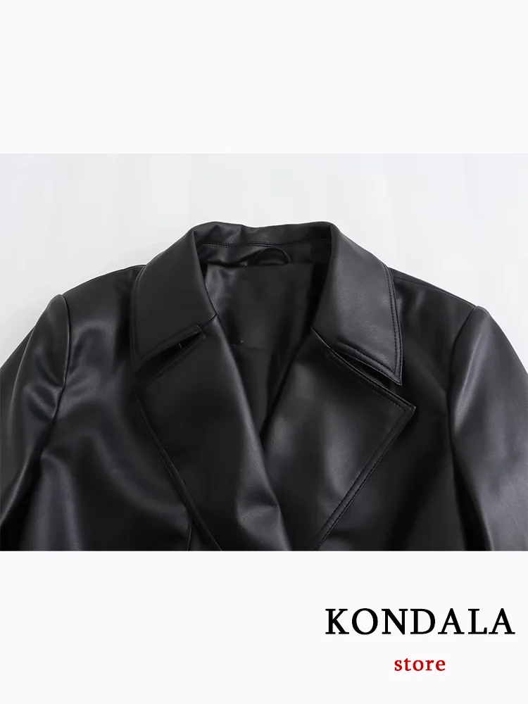 KONDALA Vintage Chic Women Leather Jackets Solid Belt O-Neck Warm Coats New Fashion 2023 Autumn Winter Female Jackets Outwears