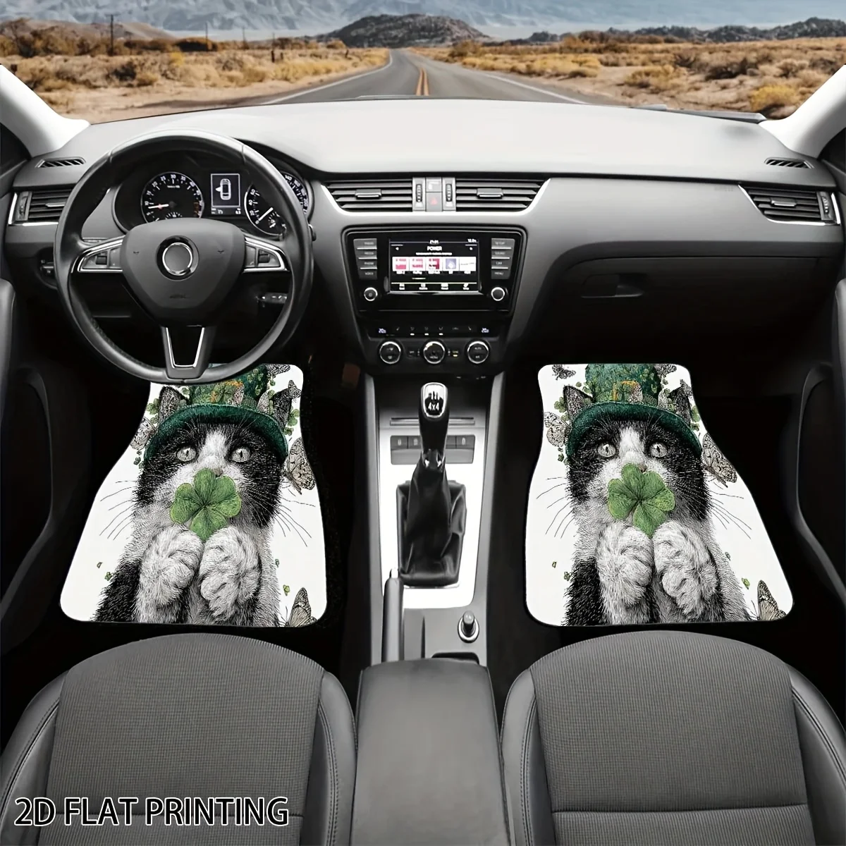 4pcs Car Floor Mats With A White Background And A Cute Green Hat Cat Pattern, Universal Polyester Material Interior Additions Su