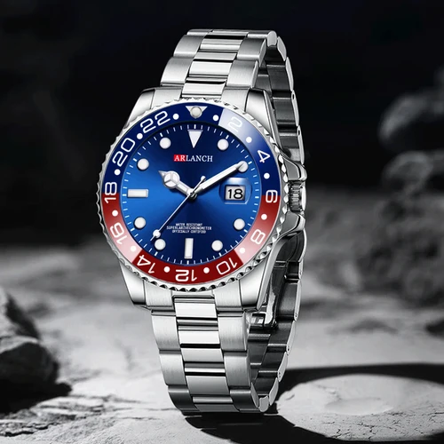 Imagen 2 del producto Reloj de negocios de acero inoxidable, 40mm, clásico, rojo, azul, círculo, serie de buceo, lupa, calendario, relojes de cuarzo, montre homme