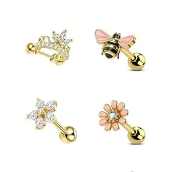4 pieces stylish earrings for women and girls, stainless steel honeybee flower cutout pattern inset z