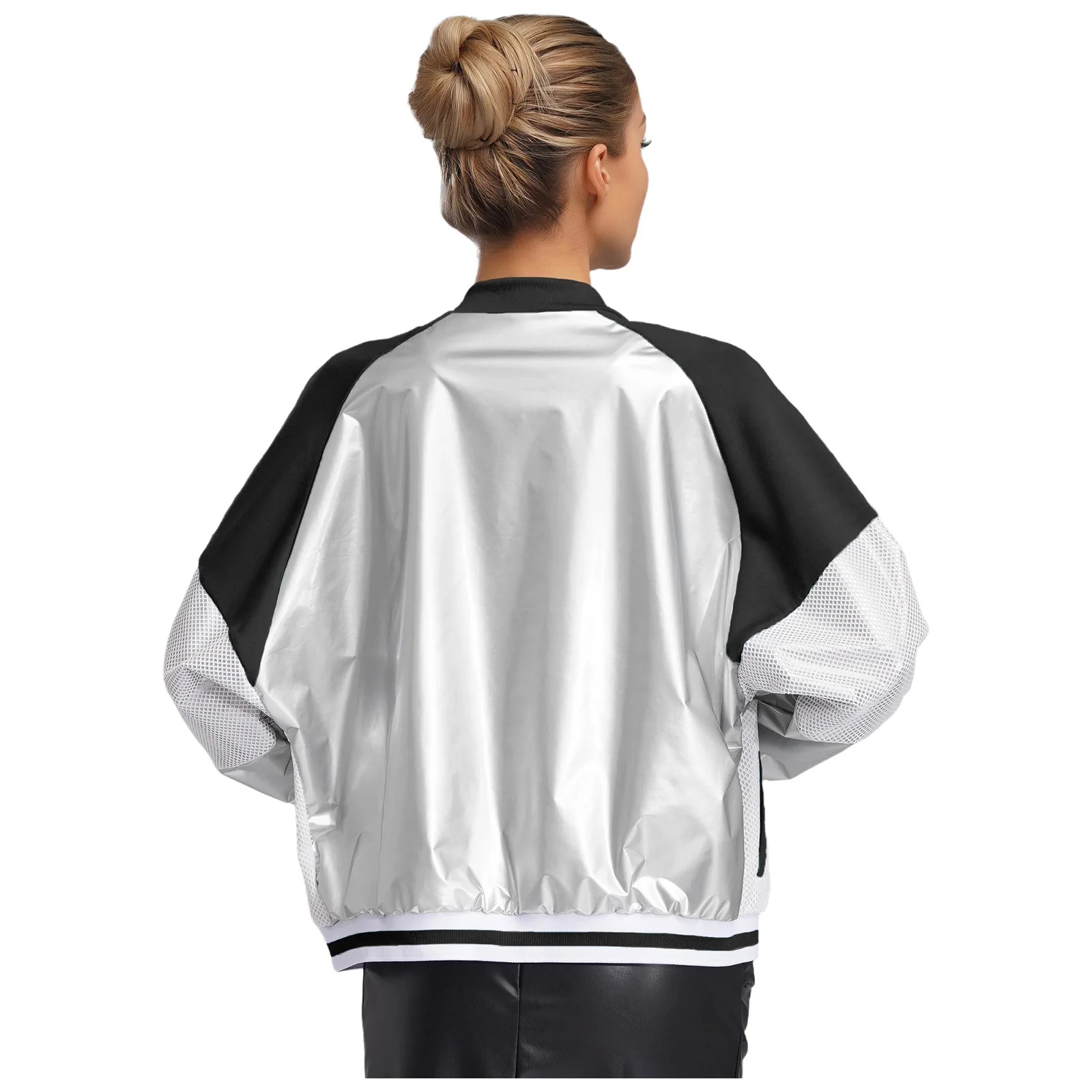 Women Fashion Racing Speeding Shiny Jacket Coats Long Sleeve Hollow Out Mesh Patchwork Coat for Daily Casual Thin Outerwear